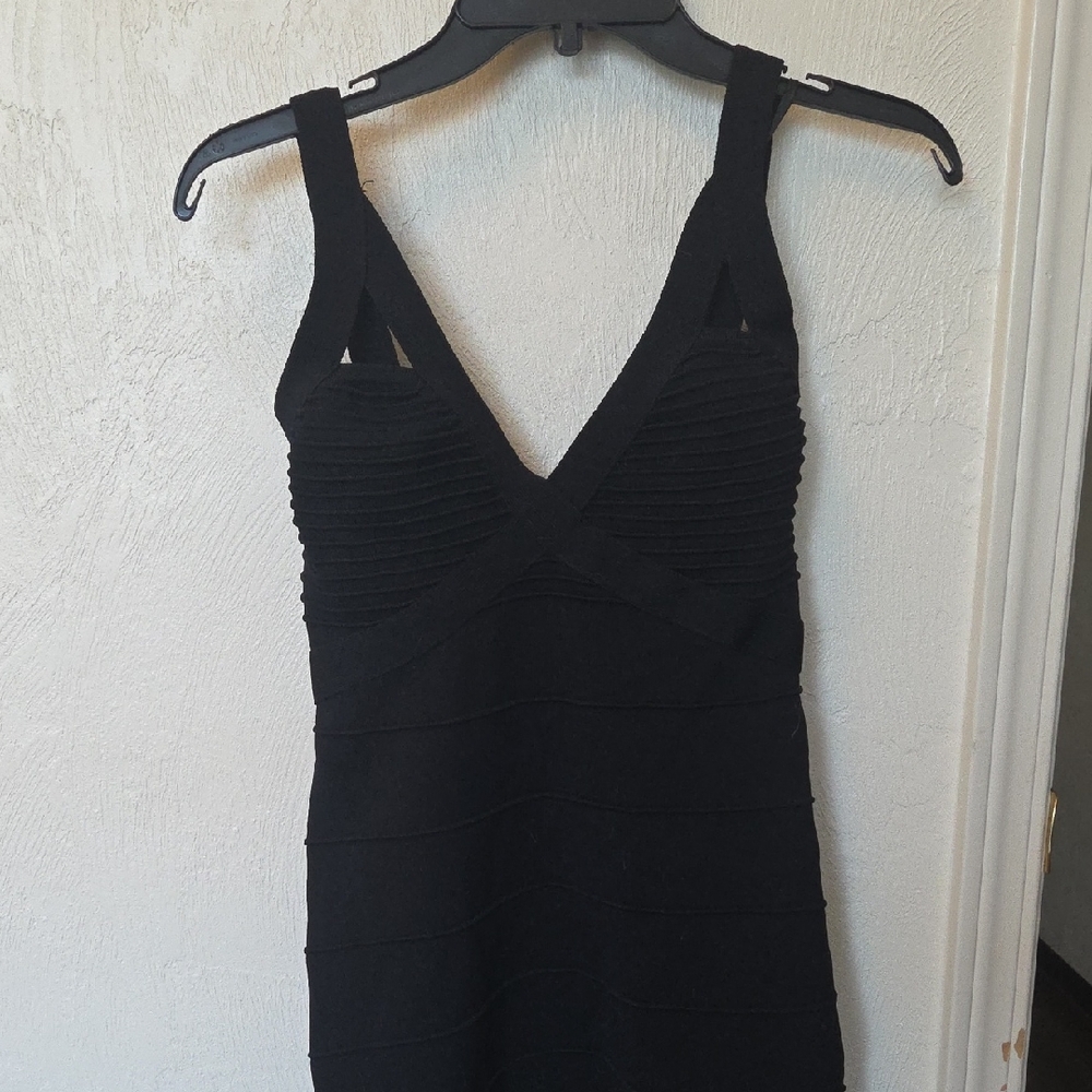 Bebe Black Ribbed V-Neck Bodycon Dress